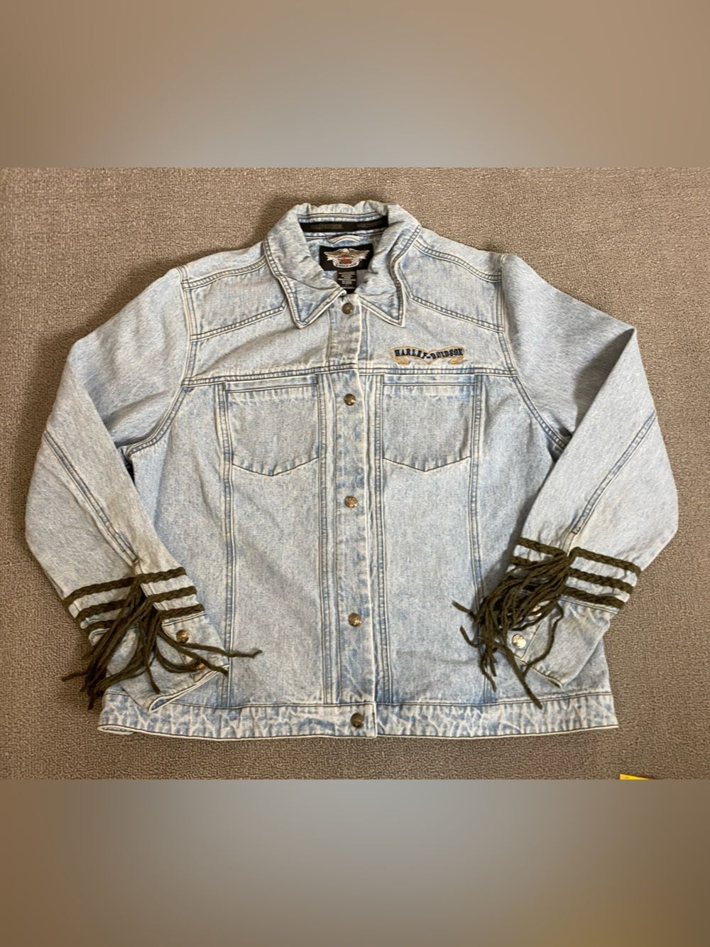 Harley-Davidson Ride Denim Patch Jacket with Braided Fringe Sleeves- Moto Biker